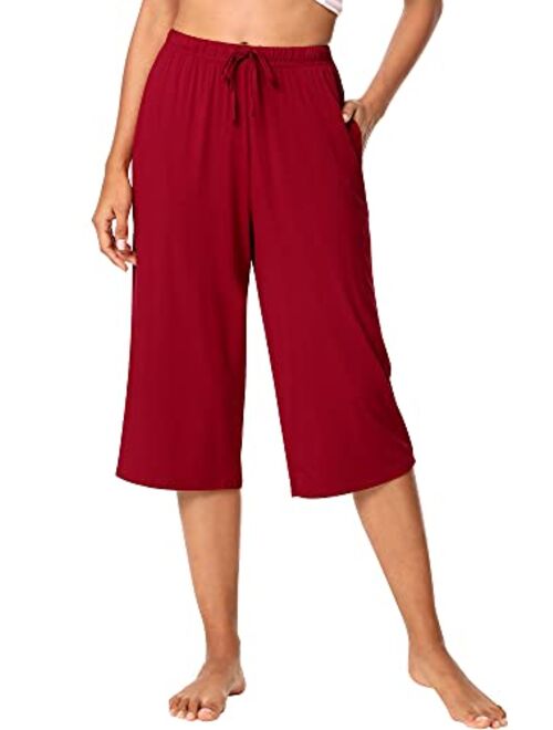 WiWi Bamboo Viscose Capri Pants for Women Capris Wide Leg Pajama Bottoms with Pockets Knit Lounge Sleep Pant Drawstring S-XXL