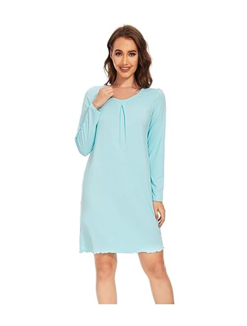 WiWi Bamboo Viscose Nightgowns for Women Long Sleeve Nightgown Warm Night Gowns Sleep Shirt Lightweight Gown S-XXL