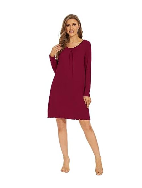 WiWi Bamboo Viscose Nightgowns for Women Long Sleeve Nightgown Warm Night Gowns Sleep Shirt Lightweight Gown S-XXL