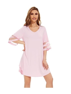 Bamboo Viscose Nightgowns for Women Half Sleeves Sleep Shirt Soft V-neck Sleepwear Loose Comfy Nightshirts S-XXL