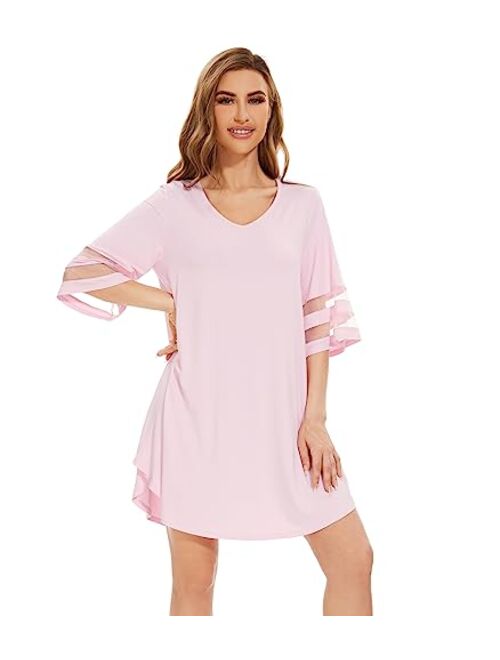 WiWi Bamboo Viscose Nightgowns for Women Half Sleeves Sleep Shirt Soft V-neck Sleepwear Loose Comfy Nightshirts S-XXL