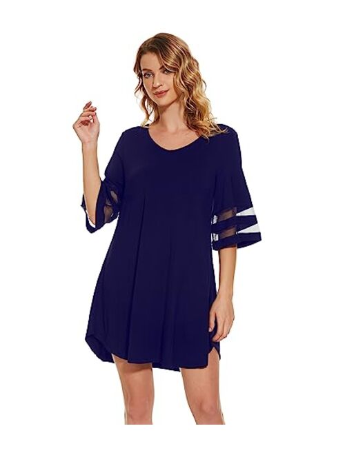 WiWi Bamboo Viscose Nightgowns for Women Half Sleeves Sleep Shirt Soft V-neck Sleepwear Loose Comfy Nightshirts S-XXL