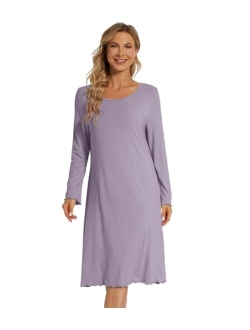 Women's Long Sleeve Nighgowns Bamboo Viscose Scoop Neck Sleepwear Sleep Dress Comfy Sleep Gowns Dress S-XXL