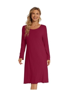 Women's Long Sleeve Nighgowns Bamboo Viscose Scoop Neck Sleepwear Sleep Dress Comfy Sleep Gowns Dress S-XXL