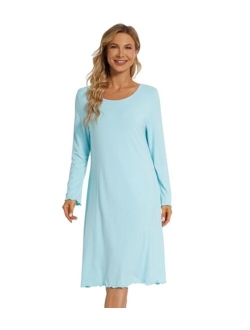 Women's Long Sleeve Nighgowns Bamboo Viscose Scoop Neck Sleepwear Sleep Dress Comfy Sleep Gowns Dress S-XXL