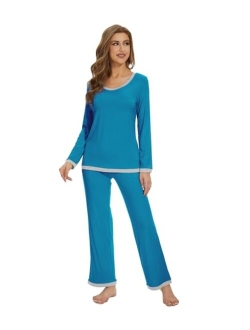 Women's Bamboo Viscose Pajama Sets Soft Long Sleeves Top with Pants Loose 2 Pieces Loungewear Set S-XXL