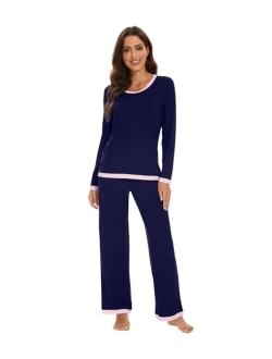 Women's Bamboo Viscose Pajama Sets Soft Long Sleeves Top with Pants Loose 2 Pieces Loungewear Set S-XXL