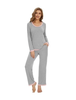 Women's Bamboo Viscose Pajama Sets Soft Long Sleeves Top with Pants Loose 2 Pieces Loungewear Set S-XXL