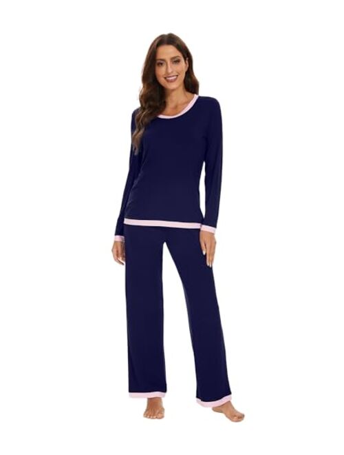 WiWi Women's Bamboo Viscose Pajama Sets Soft Long Sleeves Top with Pants Loose 2 Pieces Loungewear Set S-XXL