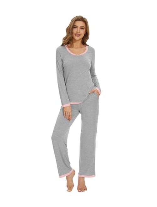 WiWi Women's Bamboo Viscose Pajama Sets Soft Long Sleeves Top with Pants Loose 2 Pieces Loungewear Set S-XXL