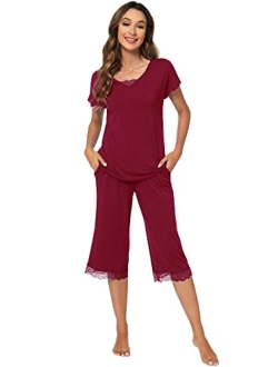 Bamboo Viscose Pajamas Set for Women Soft Sleepwear Loose comfy Short Tops with Capri Pants Pjs Loungewear S-XXL