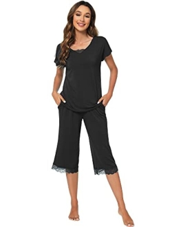 Bamboo Viscose Pajamas Set for Women Soft Sleepwear Loose comfy Short Tops with Capri Pants Pjs Loungewear S-XXL