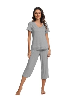 Bamboo Viscose Pajamas Set for Women Soft Sleepwear Loose comfy Short Tops with Capri Pants Pjs Loungewear S-XXL