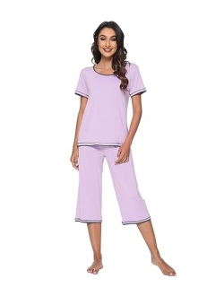 Bamboo Viscose Pajamas Set for Women Soft Sleepwear Loose comfy Short Tops with Capri Pants Pjs Loungewear S-XXL