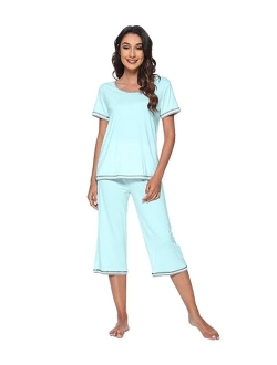 Bamboo Viscose Pajamas Set for Women Soft Sleepwear Loose comfy Short Tops with Capri Pants Pjs Loungewear S-XXL