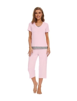 Bamboo Viscose Pajamas Set for Women Soft Sleepwear Loose comfy Short Tops with Capri Pants Pjs Loungewear S-XXL