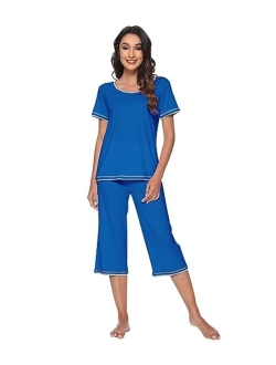 Bamboo Viscose Pajamas Set for Women Soft Sleepwear Loose comfy Short Tops with Capri Pants Pjs Loungewear S-XXL