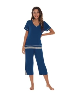 Bamboo Viscose Pajamas Set for Women Soft Sleepwear Loose comfy Short Tops with Capri Pants Pjs Loungewear S-XXL