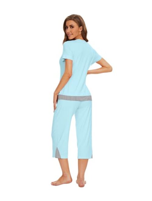 WiWi Bamboo Viscose Pajamas Set for Women Soft Sleepwear Loose comfy Short Tops with Capri Pants Pjs Loungewear S-XXL