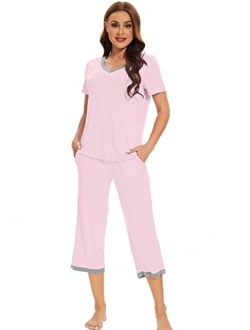 Bamboo Viscose Pajamas Set for Women Summer V Neck Sleepwear Pjs Short Sleeve Tops with Capri Pants Lounge Sets S-XXL