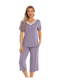 Bamboo Viscose Pajamas Set for Women Summer V Neck Sleepwear Pjs Short Sleeve Tops with Capri Pants Lounge Sets S-XXL