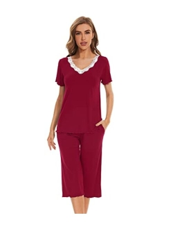 Bamboo Viscose Pajamas Set for Women Summer V Neck Sleepwear Pjs Short Sleeve Tops with Capri Pants Lounge Sets S-XXL