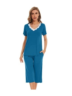 Bamboo Viscose Pajamas Set for Women Summer V Neck Sleepwear Pjs Short Sleeve Tops with Capri Pants Lounge Sets S-XXL