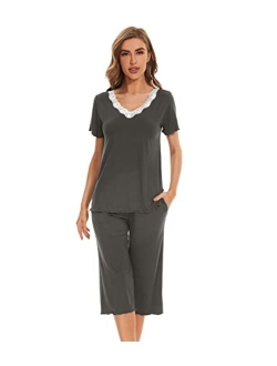 Bamboo Viscose Pajamas Set for Women Summer V Neck Sleepwear Pjs Short Sleeve Tops with Capri Pants Lounge Sets S-XXL