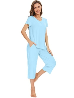 Bamboo Viscose Pajamas Set for Women Summer V Neck Sleepwear Pjs Short Sleeve Tops with Capri Pants Lounge Sets S-XXL