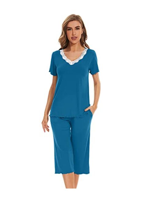 WiWi Bamboo Viscose Pajamas Set for Women Summer V Neck Sleepwear Pjs Short Sleeve Tops with Capri Pants Lounge Sets S-XXL