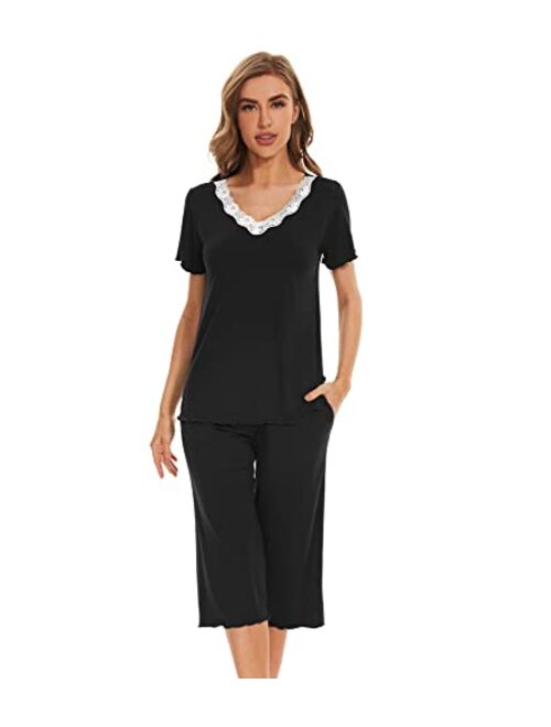 WiWi Bamboo Viscose Pajamas Set for Women Summer V Neck Sleepwear Pjs Short Sleeve Tops with Capri Pants Lounge Sets S-XXL