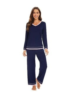 Bamboo Viscose Pajamas Sets for Women Soft Tops with Pants Sleepwear V-neck Pj Set with Pockets S-XXL