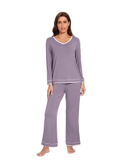 Bamboo Viscose Pajamas Sets for Women Soft Tops with Pants Sleepwear V-neck Pj Set with Pockets S-XXL