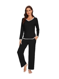 Bamboo Viscose Pajamas Sets for Women Soft Tops with Pants Sleepwear V-neck Pj Set with Pockets S-XXL