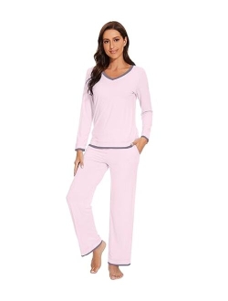 Bamboo Viscose Pajamas Sets for Women Soft Tops with Pants Sleepwear V-neck Pj Set with Pockets S-XXL