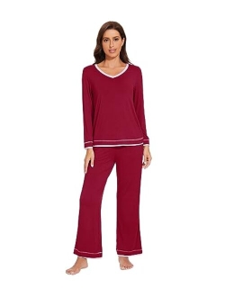 Bamboo Viscose Pajamas Sets for Women Soft Tops with Pants Sleepwear V-neck Pj Set with Pockets S-XXL