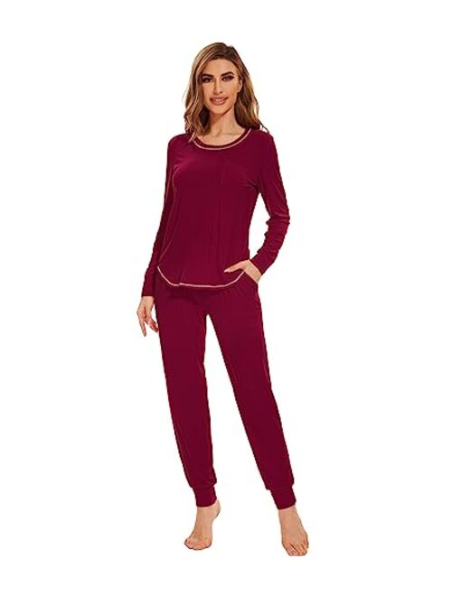 WiWi Bamboo Viscose Pajamas Set for Women Long Sleeve Sleepwear Soft Loungewear Pjs Jogger Pants Lounge Sets S-XXL