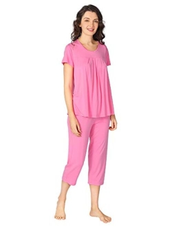 Bamboo Viscose Pajamas for Women Capri Pants Pajama Sets Short Sleeve Sleepwear Set Top with Capris Pjs Loungewear S-XXL