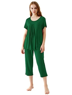 Bamboo Viscose Pajamas for Women Capri Pants Pajama Sets Short Sleeve Sleepwear Set Top with Capris Pjs Loungewear S-XXL