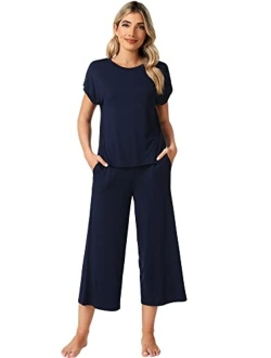 Bamboo Viscose Pajamas for Women Capri Pants Pajama Sets Short Sleeve Sleepwear Set Top with Capris Pjs Loungewear S-XXL