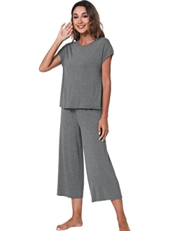 Bamboo Viscose Pajamas for Women Capri Pants Pajama Sets Short Sleeve Sleepwear Set Top with Capris Pjs Loungewear S-XXL