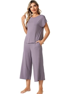 Bamboo Viscose Pajamas for Women Capri Pants Pajama Sets Short Sleeve Sleepwear Set Top with Capris Pjs Loungewear S-XXL