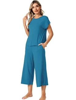 Bamboo Viscose Pajamas for Women Capri Pants Pajama Sets Short Sleeve Sleepwear Set Top with Capris Pjs Loungewear S-XXL