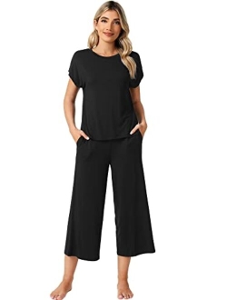 Bamboo Viscose Pajamas for Women Capri Pants Pajama Sets Short Sleeve Sleepwear Set Top with Capris Pjs Loungewear S-XXL