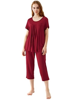 Bamboo Viscose Pajamas for Women Capri Pants Pajama Sets Short Sleeve Sleepwear Set Top with Capris Pjs Loungewear S-XXL