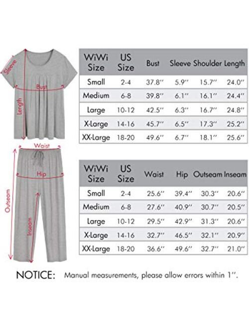 WiWi Bamboo Viscose Pajamas for Women Capri Pants Pajama Sets Short Sleeve Sleepwear Set Top with Capris Pjs Loungewear S-XXL