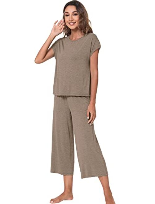 WiWi Bamboo Viscose Pajamas for Women Capri Pants Pajama Sets Short Sleeve Sleepwear Set Top with Capris Pjs Loungewear S-XXL