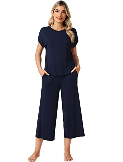 WiWi Bamboo Viscose Pajamas for Women Capri Pants Pajama Sets Short Sleeve Sleepwear Set Top with Capris Pjs Loungewear S-XXL