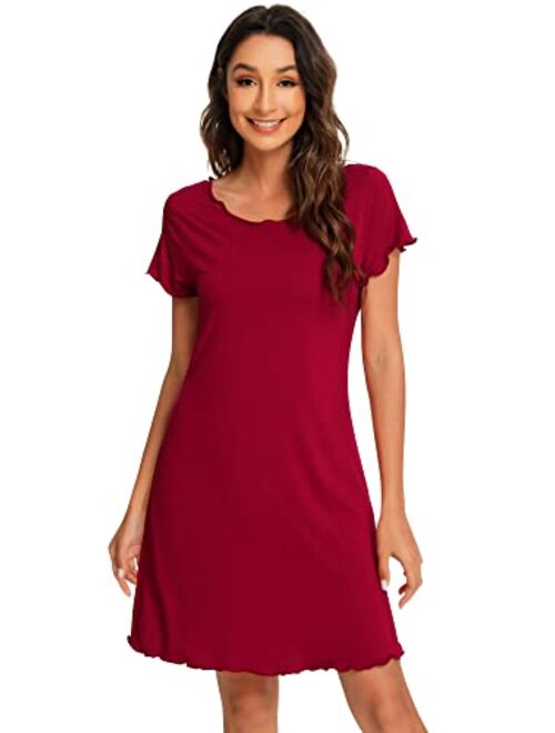 WiWi Womens Nightgown Short Sleeve Sleep Shirts Ruffle Nightshirts Sleepwear Soft Summer Sleepshirt Loungewear S-XXL