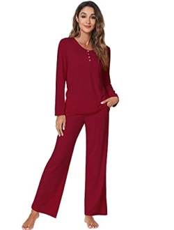 Bamboo Pajama Set for Women 2 Pieces Long Sleeve Loungwear Soft Sleepwear Button-Down Pj Sets Pockets S-XXL